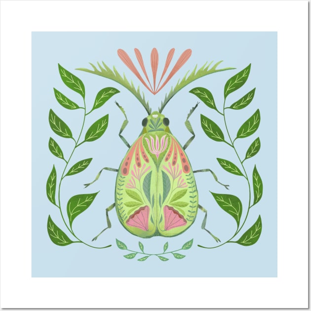 Pretty Green Beetle with Pink Flowers Wall Art by Kathy Osborne Studio